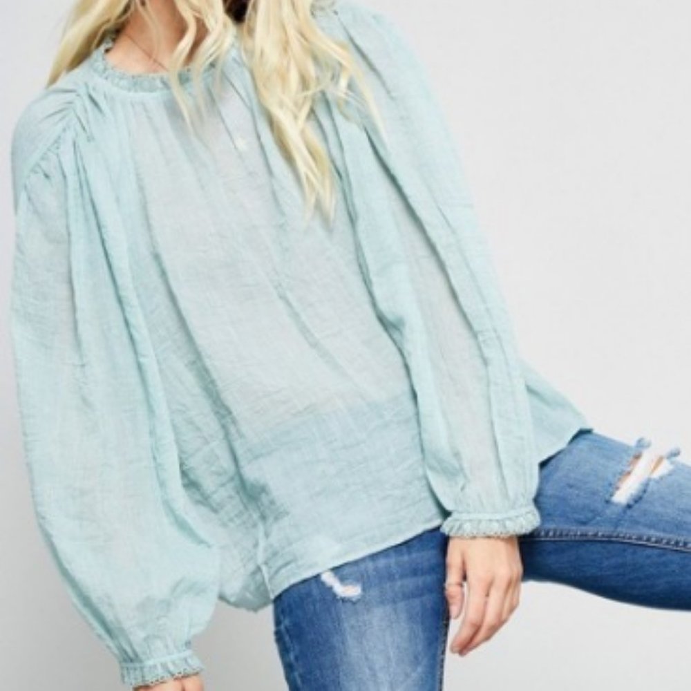 Light Blue Ruffle Trim Sheer Peasant Blouse